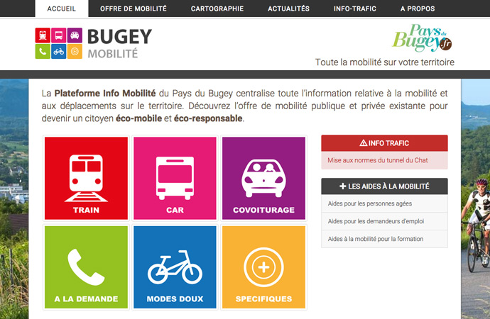 Interface de la page d'accueil du site Bugey Mobilité